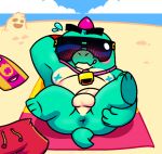  anthro balls beach beach_towel blush blush_lines bodily_fluids brawl_stars buzz_(brawl_stars) chubby_male clothing dinosaur floatie genitals inviting lifeguard male nude overweight overweight_anthro overweight_male reptile scalie seaside slightly_chubby solo supercell_(company) sweat sweatdrop swimming_trunks swimwear towel video_games whistle 