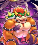  2021 body_hair bowser bowser_day bracelet bulge collar hair hi_res horn jewelry koopa male mario_bros nintendo nipple_piercing nipples paper_mario piercing red_hair scalie shadow_queen spiked_bracelet spiked_collar spikes video_games voviat 