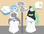  absurd_res accessory bathroom blue_eyes blue_hair blush bodily_fluids breasts clothed clothing dialogue digital_media_(artwork) dress duo english_text fan_character female flower flower_in_hair gardevoir genital_fluids genitals green_hair hair hair_accessory hi_res humanoid legendary_pok&eacute;mon long_hair mammal meloetta meloetta_(aria_form) microphone nintendo open_mouth panties peeing plant pok&eacute;mon pok&eacute;mon_(species) public_restroom pussy raveneevee restroom_stall short short_hair simple_background sitting smile speech_bubble text toilet toilet_paper topwear underwear underwear_down urine urine_stream video_games watersports white_body 