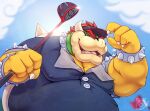  2021 anthro armband belly bowser bowser_day bracelet clothed clothing cloud collar day eyebrows golf golf_club hair hat headgear headwear hi_res holding_object horn jewelry koopa looking_at_viewer low-angle_view male mario_bros mario_golf musclegut muscular muscular_anthro muscular_male narrowed_eyes nintendo nipple_outline open_mouth open_smile outside overweight overweight_anthro overweight_male pecs polo_shirt scalie shell shirt signature skaifox sky smile solo spiked_armband spiked_bracelet spiked_collar spiked_shell spikes spikes_(anatomy) sport topwear video_games 