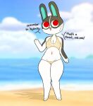  animal_crossing anthro beach big_eyes breasts cheek_tuft cleavage clothed clothing dialogue dotty_(animal_crossing) facial_tuft female female_focus flat_chested gesture guronolock handpaw hi_res lagomorph leporid looking_at_viewer mammal navel nintendo open_mouth paws public_service_announcement rabbit red_eyes seaside shadow smile solo standing swimwear text thick_thighs tuft video_games waving wide_hips 