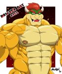  2021 abs anthro barazoku biceps big_muscles black_background border bowser bowser_day dated english_text eyebrows gradient_background hair hi_res horn huge_muscles koopa looking_at_viewer male mario_bros muscular muscular_anthro muscular_male nanbuskhan navel nintendo nipple_piercing nipple_ring nipples nude obliques open_mouth open_smile pecs piercing red_background scalie signature simple_background smile solo standing text vein veiny_muscles video_games white_border 