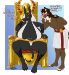  anthro anubian_jackal anubis big_breasts black_body breasts canid canine canis chair clothed clothing deity dialogue egyptian_mythology female furniture hi_res huge_breasts hyu hyucaze jackal male mammal middle_eastern_mythology mythology panties sitting spread_legs spreading throne topless underwear 