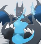  2020 3_toes absurd_res breath_powers claws dorobo_39 elemental_manipulation fangs feet fire fire_breathing fire_manipulation hi_res looking_at_viewer lying mega_charizard mega_charizard_x mega_evolution membrane_(anatomy) membranous_wings nintendo on_back pok&eacute;mon pok&eacute;mon_(species) red_eyes soles toe_claws toes video_games wings 