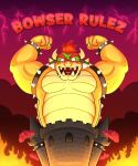  absurd_res anthro armband bowser bowser_day bracelet castle collar english_text fire flexing hair halcypher471 hi_res horn jewelry koopa male mario_bros muscular muscular_anthro muscular_male nintendo open_mouth red_hair reptile scalie sharp_teeth shell solo spiked_armband spiked_bracelet spiked_collar spiked_shell spikes spikes_(anatomy) teeth text video_games 