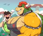  &lt;3 &lt;3_eyes anthro big_pecs black_clothing black_shirt black_tank_top black_topwear blush bodily_fluids bowser bowser_day bracelet brown_hair clothing collar drooling duo facial_hair girl_staring_at_man&#039;s_chest gloves green_clothing green_shirt green_topwear grin hair handwear horn human human_on_anthro interspecies jewelry koopa larger_anthro luigi male male/male mammal mario_bros meme multicolored_body muscular mustache nintendo nipple_outline pantheradraws pecs red_hair saliva scalie shell shirt size_difference smaller_human smile spiked_bracelet spiked_collar spikes tank_top topwear video_games 