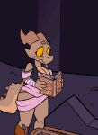  animated anthro backpack book breasts brown_body cleavage clothed clothing female freckles horn kobold non-mammal_breasts reptile scalie short_playtime solo srriz srriz_adventure srrizadventurer text wraps yellow_eyes 