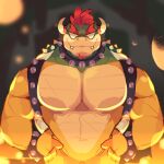  1:1 anthro armband bowser bracelet collar eyebrows facial_hair hair hands_on_hips hi_res jewelry koopa male mario_bros muscular muscular_anthro muscular_male nintendo pecs red_hair reptile scalie scraffyraccoon shell solo spiked_armband spiked_bracelet spiked_collar spiked_shell spikes spikes_(anatomy) video_games 