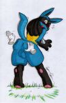  absurd_res anthro anus backsack balls big_balls big_butt blue_balls blue_body blue_butt blue_fur blush butt butt_grab canid canine canis disembodied_hand duo embarrassed fur genitals hand_on_butt hi_res jackal lucario male mammal nintendo open_mouth pok&eacute;mon pok&eacute;mon_(species) rotten_owl simple_background slap solo_focus spanking spikes surprised_expression traditional_media_(artwork) video_games white_background yellow_body yellow_fur 
