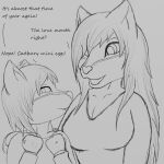  1:1 anthro canid canine clothed clothing duo english_text evirix evirix_(evirix) female fox girly hair hair_over_eye hi_res male male/female mammal monochrome one_eye_obstructed sketch smile text zera_(evirix) 