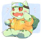  2021 ambiguous_gender blush bulbasaur claws clothing eyewear goggles goggles_on_head hi_res nintendo open_mouth open_smile pok&eacute;mon pok&eacute;mon_(species) red_eyes shirt sitting smile solo tatu_wani_(artist) toe_claws tongue topwear video_games 