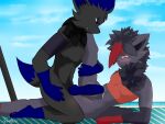  4:3 anthro beach beach_umbrella blue_hair blush bodily_fluids bulge clothed clothing curvaceous curvy_figure dark_body dark_skin dennhaze duo female fur genital_fluids genitals grey_body grey_fur grey_hair grey_skin hair hi_res knot male male/female nintendo pok&eacute;mon pok&eacute;mon_(species) precum red_hair seaside sky spread_legs spreading tickling video_games voluptuous zariah_the_zorua zorua 