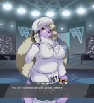  anthro big_breasts breasts cosplay detailed_background domestic_cat english_text felid feline felis female fur gym_leader hair hi_res mammal melony_(pok&eacute;mon) nintendo peterandwhitney pok&eacute;mon purple_body purple_fur silver_hair slightly_chubby solo text video_games whitney_(pnc) 