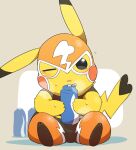  2020 absurd_res beverage bodily_fluids bottle cleft_tail clothing cosplay_pikachu_(costume) dipstick_ears dorobo_39 female fur hi_res holding_object looking_at_viewer mask multicolored_ears nintendo one_eye_closed open_mouth pikachu pikachu_libre pok&eacute;mon pok&eacute;mon_(species) sitting solo sweat video_games yellow_body yellow_fur 