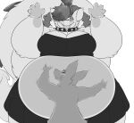  2019 4_fingers 5_fingers ambiguous_gender anthro belly belly_squish big_belly big_breasts blush bottomwear breasts canid canine clothed clothing collar digital_media_(artwork) dragon duo eyewear female fingers fur furred_dragon glasses half-closed_eyes hi_res looking_down mammal monochrome narrowed_eyes navel noirbutt overweight overweight_anthro overweight_female simple_background smile spiked_collar spikes squish topwear white_background wide_hips 