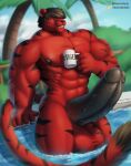  balls big_muscles big_penis cup erection felid genitals hi_res huge_muscles huge_penis hyper hyper_genitalia hyper_penis male male_focus mammal muscular pantherine penis smile summer swimming_pool tiger venor 