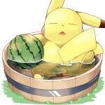  1:1 2021 3_toes absurd_res ambiguous_gender dipstick_ears feet food fruit fur hi_res melon multicolored_ears nintendo open_mouth partially_submerged pikachu plant pok&eacute;mon pok&eacute;mon_(species) sleeping solo tatu_wani_(artist) toes video_games water watermelon yellow_body yellow_fur 