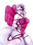  2019 anthro areola bdsm blue_nipples blue_nose bondage bound breasts canid canine canis digital_media_(artwork) ear_piercing ear_ring feathered_wings feathers female green_eyes hair hi_res horn industrial_piercing kristiana_puff mammal nipple_piercing nipples nude piercing pink_body pink_feathers rope rope_bondage smile submissive submissive_female white_hair wings wolf 