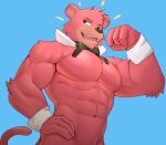  2021 abs anthro big_muscles blue_background bow_tie cougar emanata felid feline fur hand_on_hip hanna-barbera hi_res jrjresq male mammal muscular muscular_anthro muscular_male narrowed_eyes navel nude obliques pecs pink_body pink_fur simple_background smile snagglepuss snagglepuss_(series) solo standing whiskers 