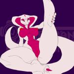  abs anthro anus breasts feet female genitals looking_at_viewer maned_lyon navel nipple_piercing nipples non-mammal_breasts nude piercing pink_body pink_scales purple_background pussy raised_leg reptile scales scalie simple_background smile snake snake_hood solo toes white_body white_scales 