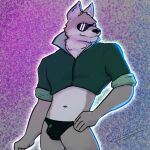  anthro bulge canid canine canis clothing cowardlion eyewear low_res male mammal midriff rim_light simple_background solo sunglasses thong underwear wolf 