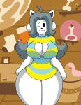  absurd_res anthro big_breasts big_butt blush breasts butt canid canine clothed clothing daisy-pink71 felid feline female hair hi_res looking_at_viewer mammal one_eye_closed smile solo tem temmie_(undertale) text topwear undertale undertale_(series) video_games white_body wink 