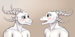  2021 amber_wind anthro blush dragon duo eye_contact fangs grey_eyes hi_res horn looking_at_another male open_mouth saren_(saren662) scalie scared shame simple_background white_body 