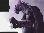  4:3 anthro clothed clothing container cup dragon geewolf holding_cup holding_object horn inside ixen male muscular muscular_anthro muscular_male owo purple_body scalie solo teeth wings 