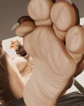  4_toes anthro breasts countershade_feet countershading dinosaur feet female foot_focus hair hi_res looking_at_viewer low-angle_view mtfoxx nude plantigrade reptile scalie soles solo toes worm&#039;s-eye_view 