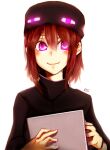  1girl absurdres alternate_hair_length alternate_hairstyle ander_(at2.) artist_name at2. black_sweater blush brown_hair closed_mouth enderman glowing glowing_eyes highres lips looking_at_viewer minecraft purple_eyes short_hair smile solo sweater 