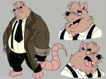  2021 anthro biped black_nose bottomwear clothing humanoid_hands john_vithor male mammal multiple_poses murid murine necktie overweight overweight_male pants pose rat rodent shirt simple_background solo suspenders topwear 