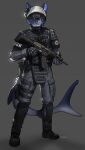  2021 absurd_res anthro armor assault_rifle blue_body blue_eyes blue_fur blue_hair bulletproof_vest canid canine clothing fangs fingerless_gloves fish fur gign gloves gun hair hair_over_eye handwear headgear helmet hi_res holster hybrid inner_ear_fluff looking_at_viewer male mammal marine one_eye_obstructed pgm300 ranged_weapon rifle scope shark shark_tail short_hair solo standing tuft weapon 