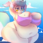  anthro blush bodily_fluids bottomless breasts cleavage clothed clothing coelhinha_artes eyewear female glasses hi_res mammal navel obese obese_female overweight overweight_female rodent sciurid solo sweat sweaty_breasts tree_squirrel 