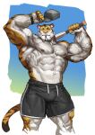  2021 abs absurd_res anthro baseball_(disambiguation) biceps bottomwear clothed clothing felid fur hair hi_res male mammal muscular muscular_anthro muscular_male nipples pantherine pecs solo tiger topless traver009 