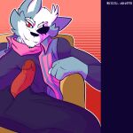  anthro canid canine canis clothed clothing digital_media_(artwork) erection fizzyjay fur genitals grey_body grey_fur hi_res looking_at_viewer male mammal nintendo penis simple_background smile solo star_fox video_games wolf wolf_o&#039;donnell 