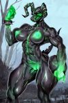  abs angry anthro bethesda_softworks better_version_at_source big_breasts breasts deathclaw egg fallout female genitals glowing glowing_eyes glowing_nipples hi_res horn johnfoxart muscular muscular_anthro muscular_female nipples pussy solo video_games 