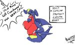  anthro aptom7747 blue_body breasts butt dialogue dragon fangs female garchomp multicolored_body nintendo nipples open_mouth pok&eacute;mon pok&eacute;mon_(species) red_body simple_background solo teeth text tongue tongue_out video_games 