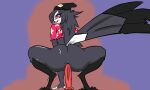  anthro aptom7747 avian beak bird black_body black_fur black_hair blush butt claws clothed clothing demon dildo embarrassed female fluffy fluffy_tail fur genitals hair helluva_boss looking_pleasured octavia_(helluva_boss) open_mouth partially_clothed penetration pussy sex_toy simple_background solo vaginal vaginal_penetration 