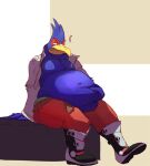  anthro avian beak belly belly_grab big_belly blue_body blue_feathers boots bottomwear clothed clothing falco_lombardi feathers footwear looking_down male narrowed_eyes navel nintendo overweight overweight_anthro overweight_male pants partially_clothed red_bottomwear red_clothing red_pants sharkvore simple_background sitting solo star_fox unbuckled_belt video_games yellow_beak 