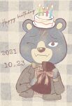  2021 animal_crossing anthro birthday_cake blue_body blush bow_tie cake clothing dessert food groucho_(animal_crossing) hat headgear headwear male mammal nintendo okuma_90 one_eye_closed scar shirt solo topwear ursid video_games 