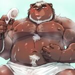  2021 anthro belly blush brown_body hiryuuuuuuuuu humanoid_hands kemono male mammal mature_male moobs navel nipples overweight overweight_male solo towel ursid 