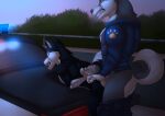 anal anal_penetration anthro canid canine canis car domestic_dog duo gangstaguru genitals handcuffs highway husky lights male male/male mammal nordic_sled_dog officer penetration penis plant police police_car restraints road sex shackles shrub siberian_husky spitz under_arrest vehicle 