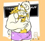  asgore_dreemurr beard belly blonde_hair boss_monster bovid bulge caprine clothed clothing facial_hair fur goat hair hi_res male mammal mustache nipples open_mouth pubes slightly_chubby solo topless torquewintress undertale undertale_(series) underwear video_games white_body white_fur yawn 