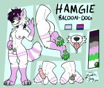  anthro chastity_cage chastity_device erection fur genitals green_eyes green_pawpads gynomorph intersex mammal model_sheet pawpads penis pink_body pink_fur procyonid raccoon solo tongue tongue_out trans_(lore) trans_woman_(lore) unknown_artist white_body white_fur 