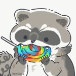  2021 black_eyes black_nose candy dessert dot_eyes eating feral food grey_body lollipop mammal procyonid raccoon simple_background solo white_background white_body yencatx 