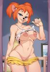  anthro azurei big_breasts blue_eyes bottomwear_down breasts clothed clothing clothing_lift disney female genitals goof_troop hair hi_res looking_at_viewer mammal nipples orange_hair pistol_pete portrait pussy shirt shirt_lift solo standing thigh_gap three-quarter_portrait topwear 