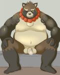  2021 anthro balls belly brown_body canid canine censored genitals gyobu hi_res humanoid_genitalia humanoid_hands humanoid_penis kemono male mammal moobs navel nipples one_eye_closed overweight overweight_male penis raccoon_dog scar sitting solo tanuki tattoo tecoco tokyo_afterschool_summoners video_games wink 