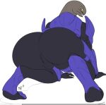  2017 alien armor balls_outline big_butt blue_armor bubble_butt butt genital_outline girokett grey_body halo_(series) kneeling looking_back male microsoft rear_view sangheili signature simple_background solo video_games white_background xbox_game_studios 