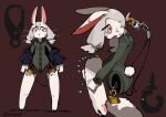 absurd_res animate_inanimate anthro biped blush cardigan clothed clothing digital_media_(artwork) doll ears_up english_text female fur fur_tuft grey_hair hair hi_res jacket joints kanantn lagomorph leg_tuft leporid living_doll looking_at_viewer mammal open_mouth pawpads rabbit red_eyes screw scut_tail shaded short_tail simple_background simple_shading solo text topwear tuft unusual_anatomy white_body 