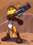  2021 absurd_res anthro boots clothing diaper extry footwear gloves gun handwear hi_res lombax male mammal ranged_weapon ratchet ratchet_and_clank solo sony_corporation sony_interactive_entertainment standing video_games watermark weapon 